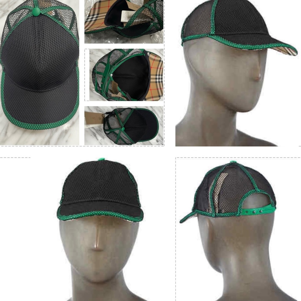 BURBERRY BLACK AND GREEN NETTED BASEBALL CAP WITH ADJUSTABLE TAB CLOSURE, ITALY